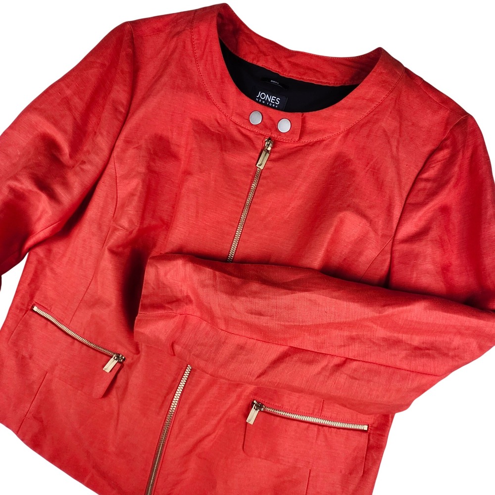 Jones New York Jacket Womens 12 Vibrant Red Orange Linen Blend Zip Up Collarless